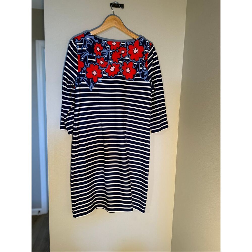 Talbots Size L Petite Blue & White Stripe Shift Dress Red Floral Neck 3/4 Sleeve - Picture 10 of 12